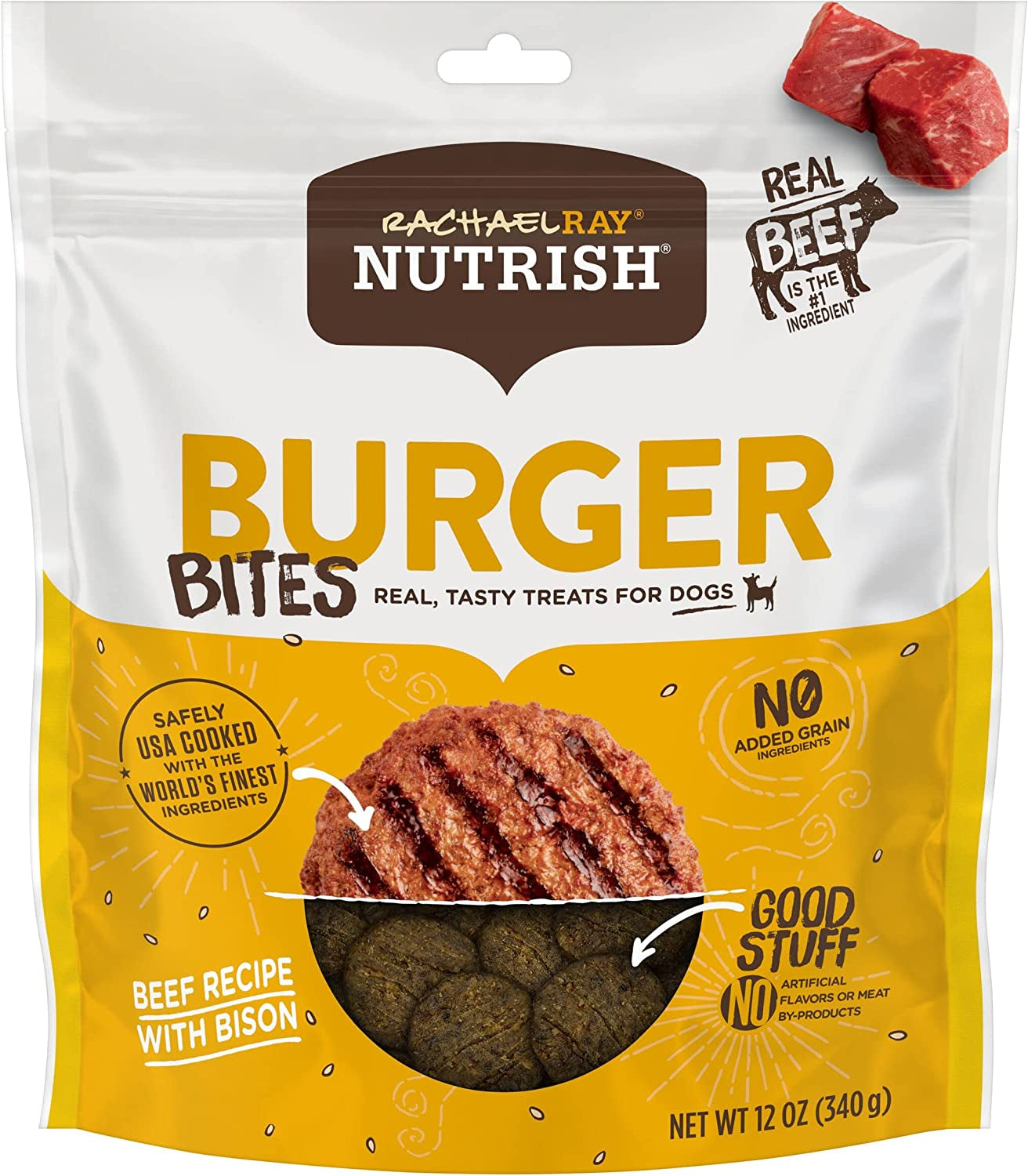 Rachael Ray Nutrish Burger Bites Real Meat Dog Treats, Beef Burger with Bison Recipe, 12 Ounces, Grain Free