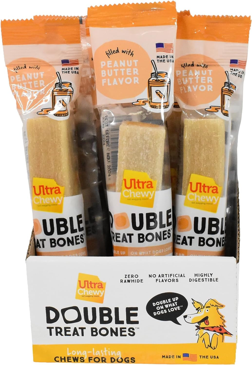 Ultra Chewy Peanut Butter Double Treat Bones: Long-Lasting Dog Treats Made in USA for Large and Small Breeds, Highly Digestible, Ideal for Aggressive Chewers (12 Count)