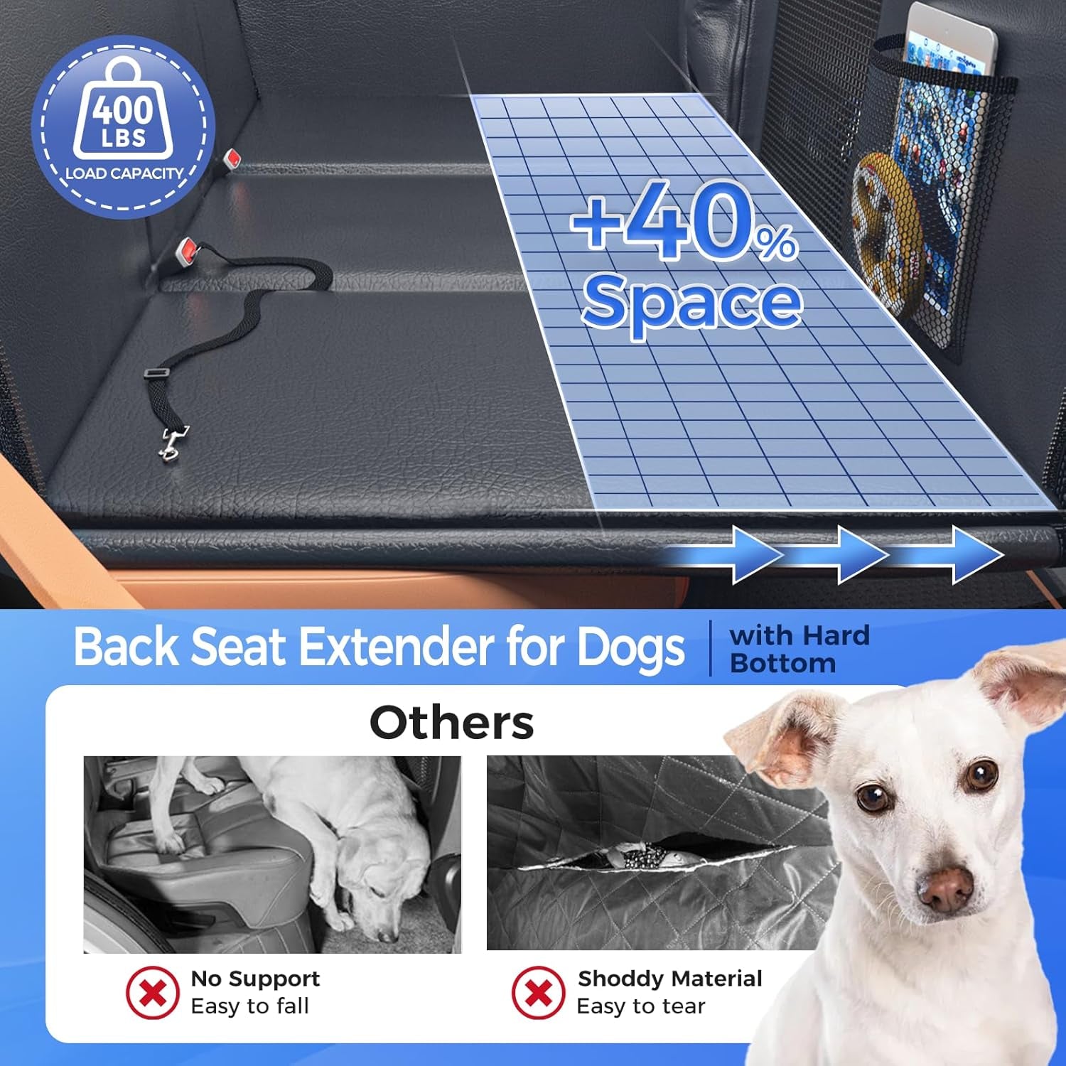 Back Seat Extender for Dogs, PU Leather Dog Car Seat Cover for Back Seat with Hard Bottom, 100% Waterproof, Scratch Proof and Anti Slip Dog Hammock for Cars and SUVs, Holds 400 lbs