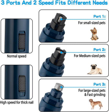 Casfuy Dog Nail Grinder Upgraded - Professional 2-Speed Electric Rechargeable Pet Nail Trimmer Painless Paws Grooming & Smoothing for Small Medium Large Dogs & Cats (Dark Blue)