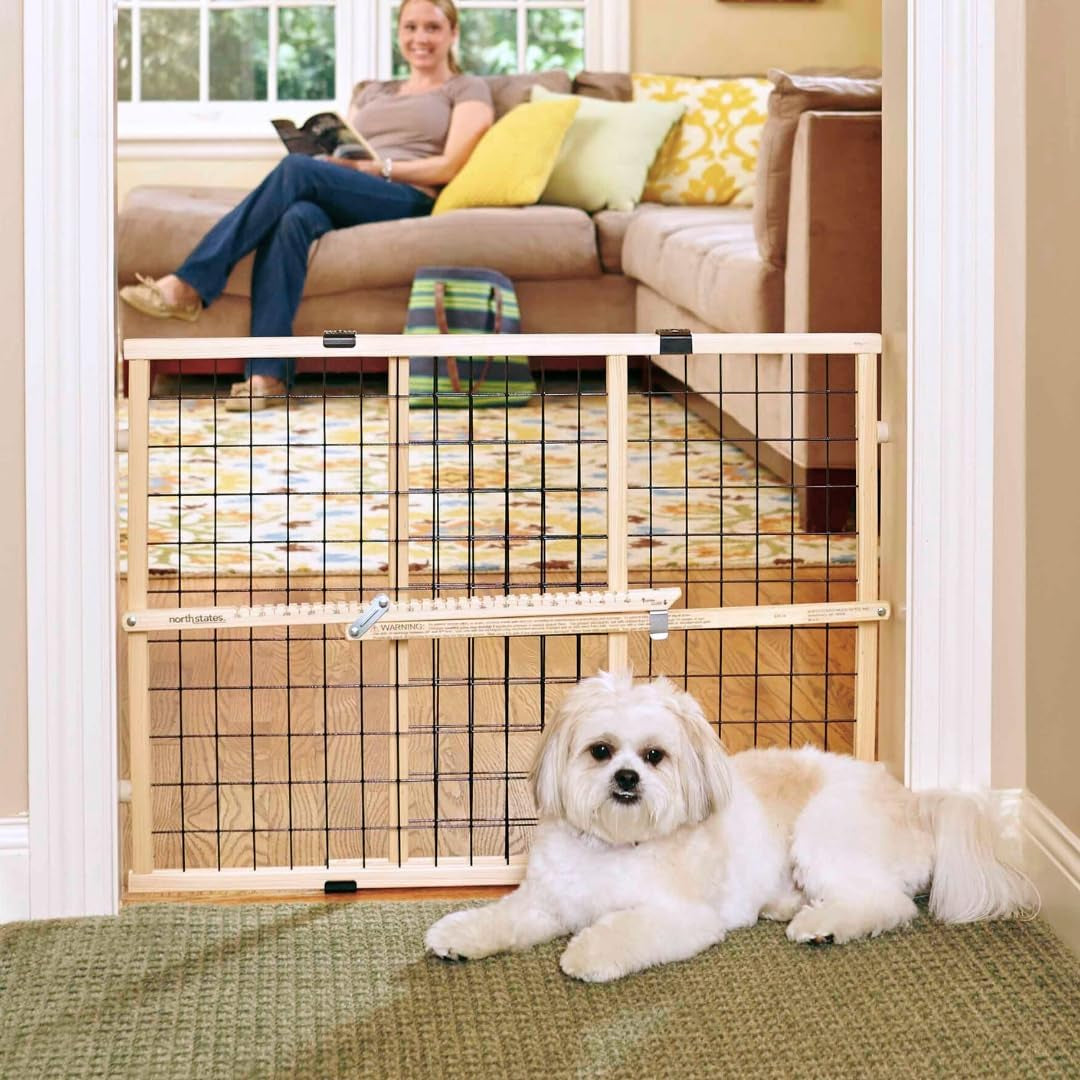 MYPET North States Wire Mesh Dog Gate: 26.5-42" Wide. Pressure Mount. No Tools Needed. Dog Gate 23" Tall, Expandable, Durable Dog Gates for Doorways, Sustainable Hardwood