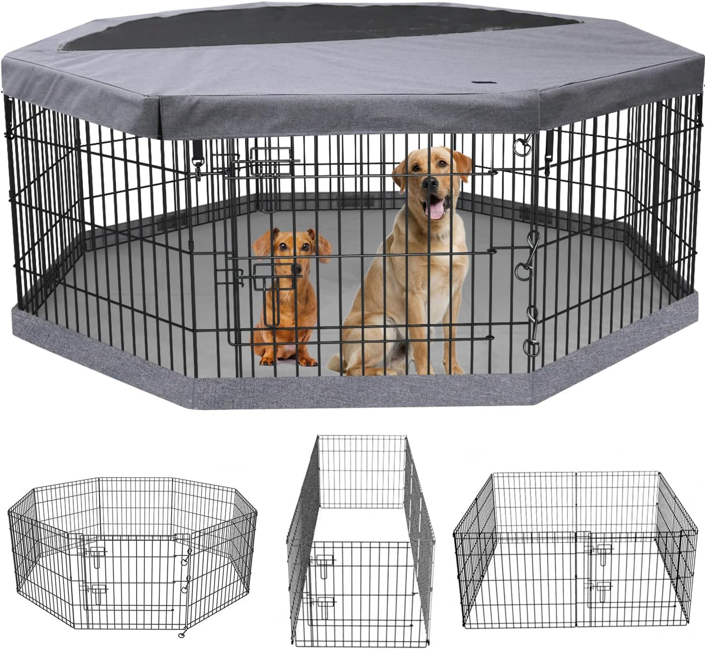 PETIME Foldable Metal Dog Exercise Pen/Pet Puppy Playpen Kennels Yard Fence Indoor/Outdoor 8 Panel 24" W with Top Cover and Bottom Pad (Playpen+Bottom+Top Cover, 8 Panels 30" H)