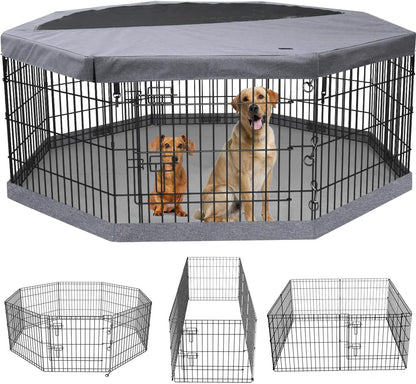 PETIME Foldable Metal Dog Exercise Pen/Pet Puppy Playpen Kennels Yard Fence Indoor/Outdoor 8 Panel 24" W with Top Cover and Bottom Pad (Playpen+Bottom+Top Cover, 8 Panels 30" H)