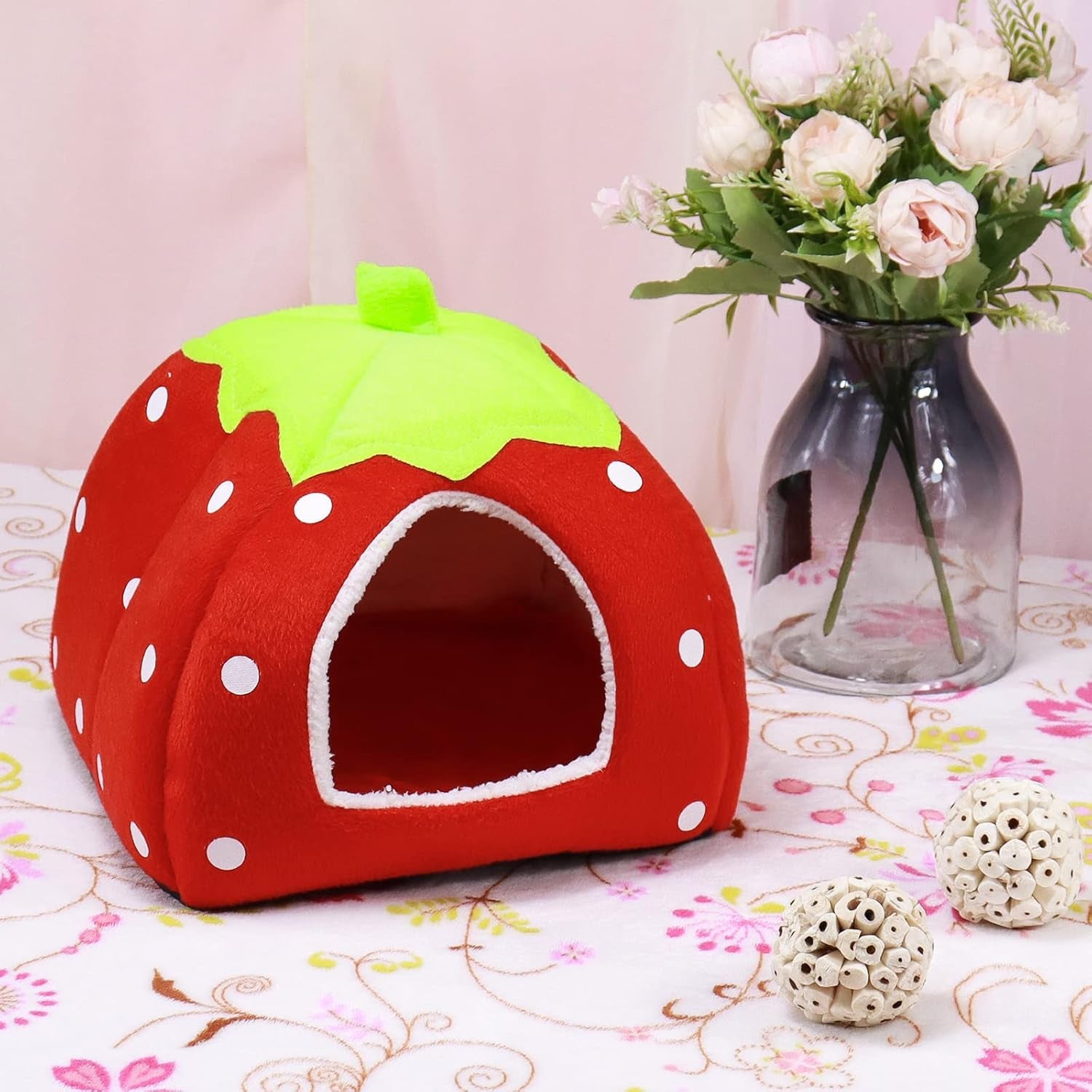 Guinea Pig Bed Rabbit Hideout Warm Fleece Cuddle Cup Washable Winter Sleeping House for Small Pet/Ferret/Chinchilla/Bunny (Strawberry Style)