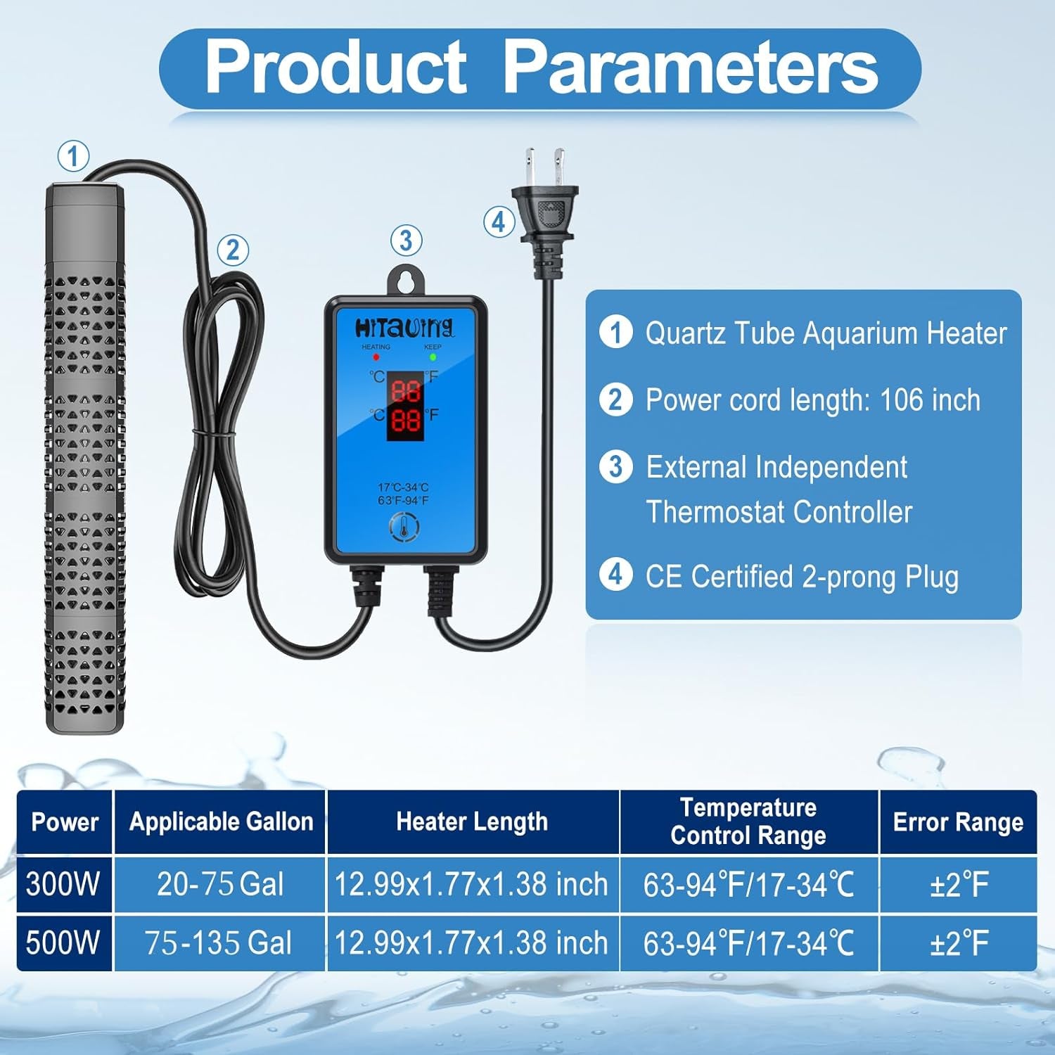 HiTauing Aquarium Heater, Upgraded 300W/500W Fish Tank Heater with Intelligent Leaving Water Automatically Stop Heating and Advanced Temperature Control System, Suitable for Saltwater and Freshwater