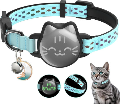 Waterproof Airtag Cat Collar, Breakaway Cat Airtag Collar with Luminous & Reflective Pattern Strap, Lightweight Kitten Collar for Apple Air Tag, Hidden Holder for GPS Tracker - Cats, Kittens (9-13")