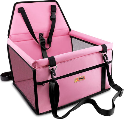 Petbobi Pet Reinforce Car Booster Seat for Dog Cat Portable and Breathable Bag with Seat Belt Dog Carrier Safety Stable for Travel Look Out,With Clip on Leash with PVC Tube, Pink