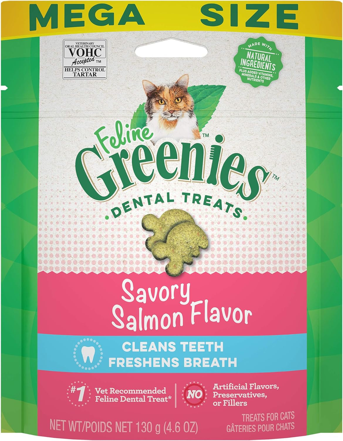 Greenies Feline Adult Natural Dental Care Cat Treats, Savory Salmon Flavor, 4.6 Oz. Pouch