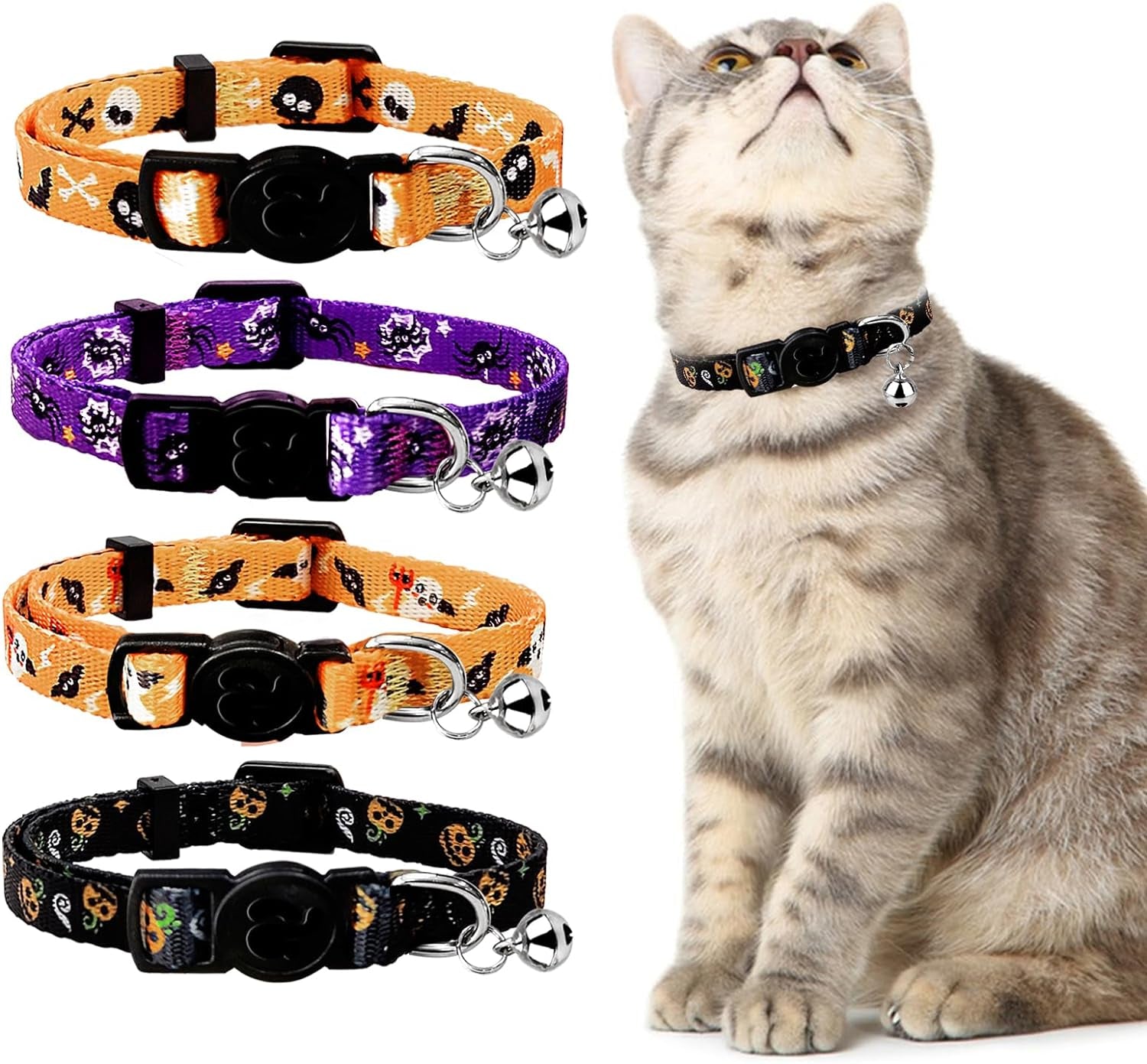 Azuza 4 Pack Halloween Cat Collars Breakaway with Bells, Adjustable Cat Collars with Safety Buckle,Adjustable from 8"-12", Skull and Crossbones,Ghosts, Spider and Pumpkin Prints