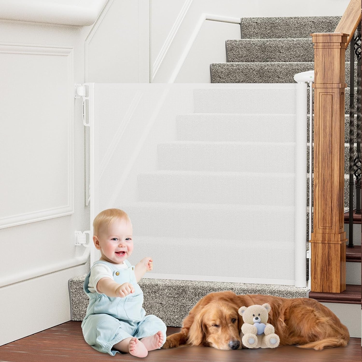 Retractable Baby Gates No Drilling, Probebi Retractable Dog Gate for the House Extends to 55" Wide 34" Tall, Gates for Baby Indoor, Stair Gate for Outdoor, Staris, Hallways, Doorways, Deck, Porch