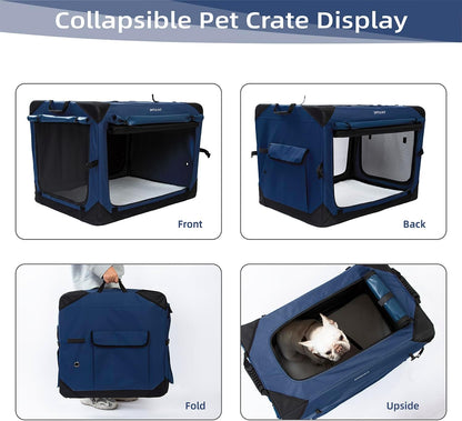 Pettycare 20 Inch Collapsible Dog Crate with Curtains, Travel Dog Crate for Airflow and Calm, Soft Pet Dog Kennel with Portable Bag and More Chew Proof Mesh, Indoor Outdoor, Navy Blue+4 Door Curtains