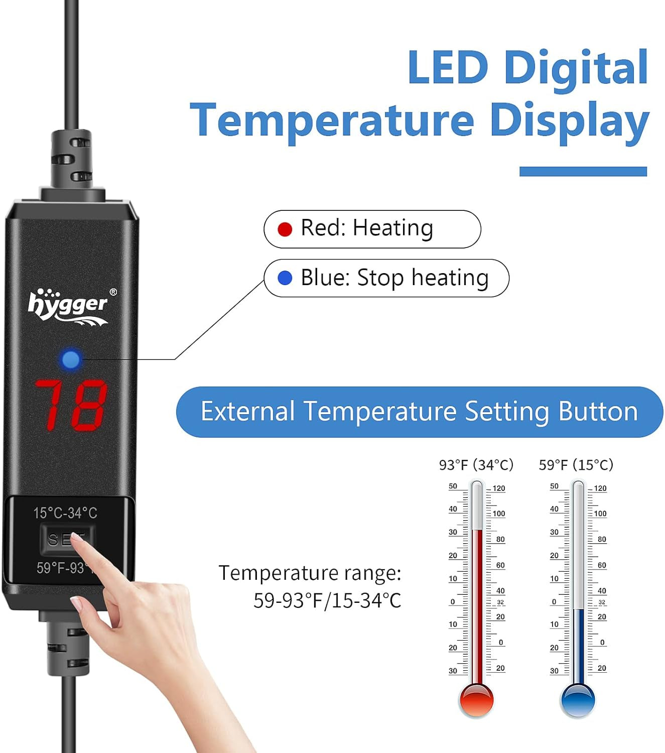 hygger Small Aquarium Betta Heater, Submersible Fish Tahk Heater 10W/25W/50W/100W with LED Digital Display, Suitable for Marine Saltwater and Freshwater up to 5/10/16/26 Gallon