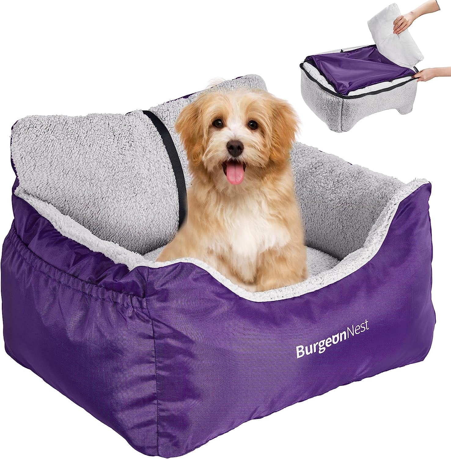 Burgeonnest Dog Car Seat for Small Dogs, Fully Detachable and Washable Dog Carseats Small under 25, Soft Dog Booster Seats with Storage Pockets and Clip-On Leash Portable Dog Car Travel Carrier Bed