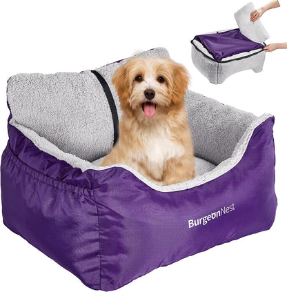 Burgeonnest Dog Car Seat for Small Dogs, Fully Detachable and Washable Dog Carseats Small under 25, Soft Dog Booster Seats with Storage Pockets and Clip-On Leash Portable Dog Car Travel Carrier Bed