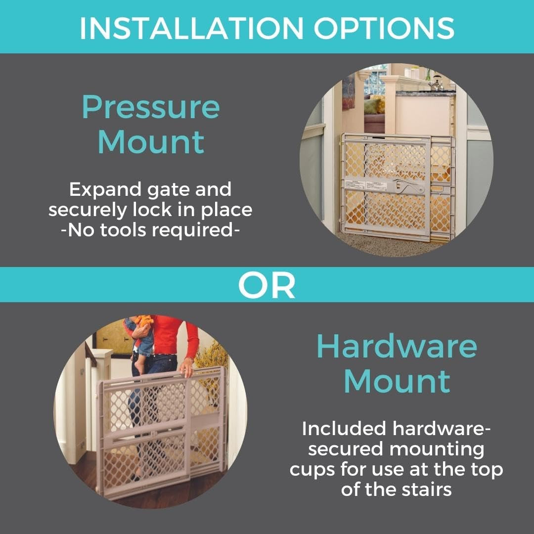 Toddleroo by North States Supergate Ergo Child Gate, Baby Gate for Stairs and Doorways. Includes Wall Cups. Pressure or Hardware Mount. Made in USA. (26" Tall, Sand)