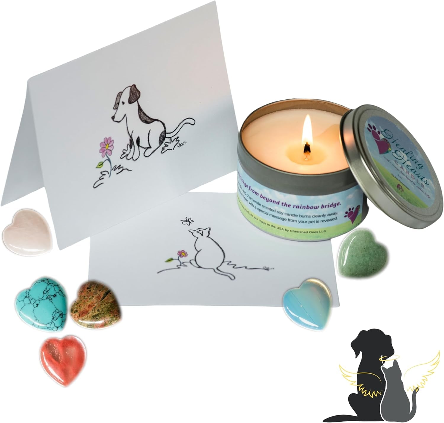 Pet Perennials Healing Hearts Dog Memorial Remembrance Soy Candle with Keepsake Stone (Embed) & Dog Pet Loss Sympathy Card