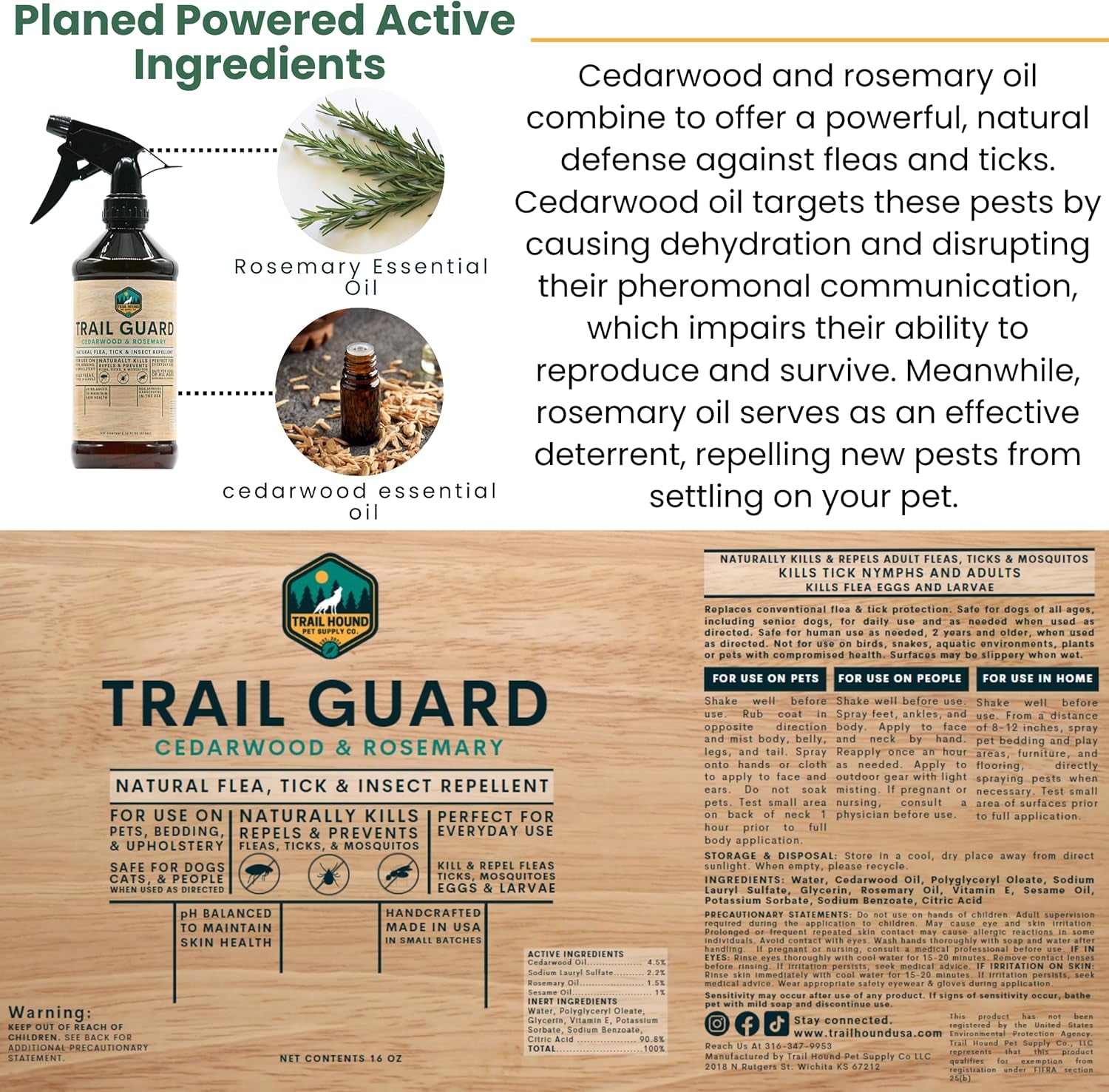 Trail Guard Natural Extra Stregth Insect, Flea and Tick Spray for Dogs, Cats, People & Home - 16oz Plant-Based Insect & Tick Repellent for Dogs - Kid Safe - DEET Free - Flea and Tick Prevention