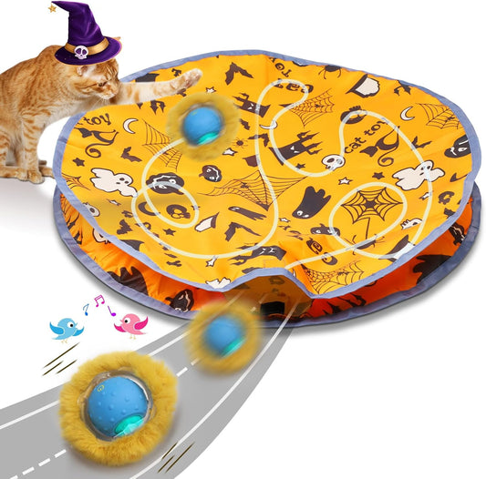 Interactive Cat Toys Ball Fast Rolling in Pouch, Motion Activate Chirping Cat Toy Hide and Seek Mouse Catching Game (Halloween Party)