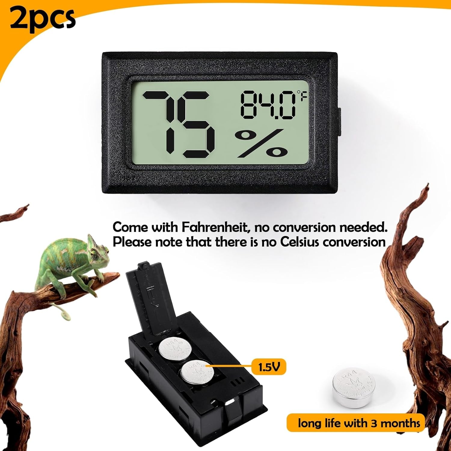 2 PCS Rectangle Reptile Thermometer and Humidity Gauge for Bearded Dragon Accessories, Reptile Tank Accessories for Jumping Spider, Leopard Gecko, Hermit Crab, Gecko, Ball Python, Lizard