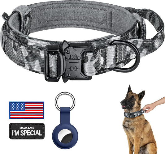 DAGANXI Tactical Dog Collar, Adjustable Military Training Nylon Dog Collar with Control Handle and Heavy Metal Buckle for Medium and Large Dogs, with Patches and Airtags Case (M, Camo)