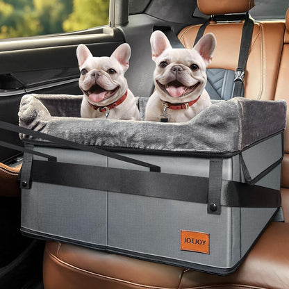 JOEJOY Dog Car Seat for Medium Dogs or 2 Small Dogs, Portable Pet Booster Car Seat for Car with 2 Clip-On Safety Leashes and Adjustable Straps, Perfect for Pets up to 45Lbs (Grey)