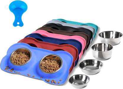 Hubulk Pet Dog Bowls 2 Stainless Steel Dog Bowl with No Spill Non-Skid Silicone Mat + Pet Food Scoop Water and Food Feeder Bowls for Feeding Small Medium Large Dogs Cats Puppies (Small, Blue)