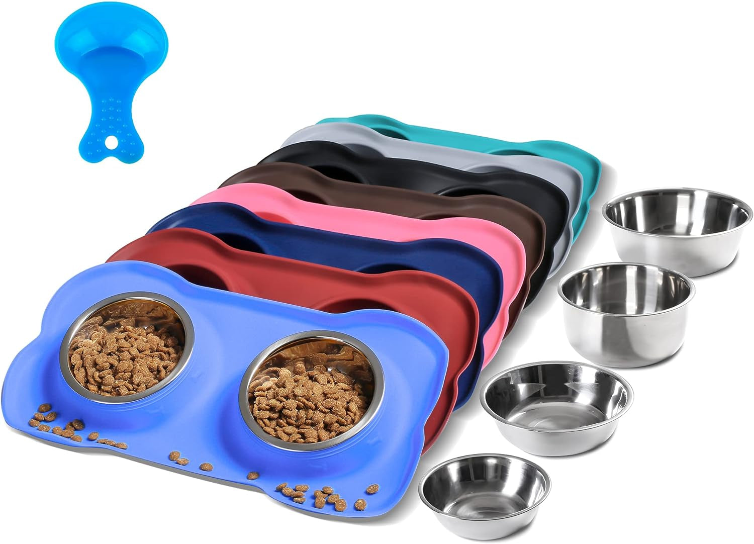 Hubulk Pet Dog Bowls 2 Stainless Steel Dog Bowl with No Spill Non-Skid Silicone Mat + Pet Food Scoop Water and Food Feeder Bowls for Feeding Small Medium Large Dogs Cats Puppies (Extra Large, Blue)