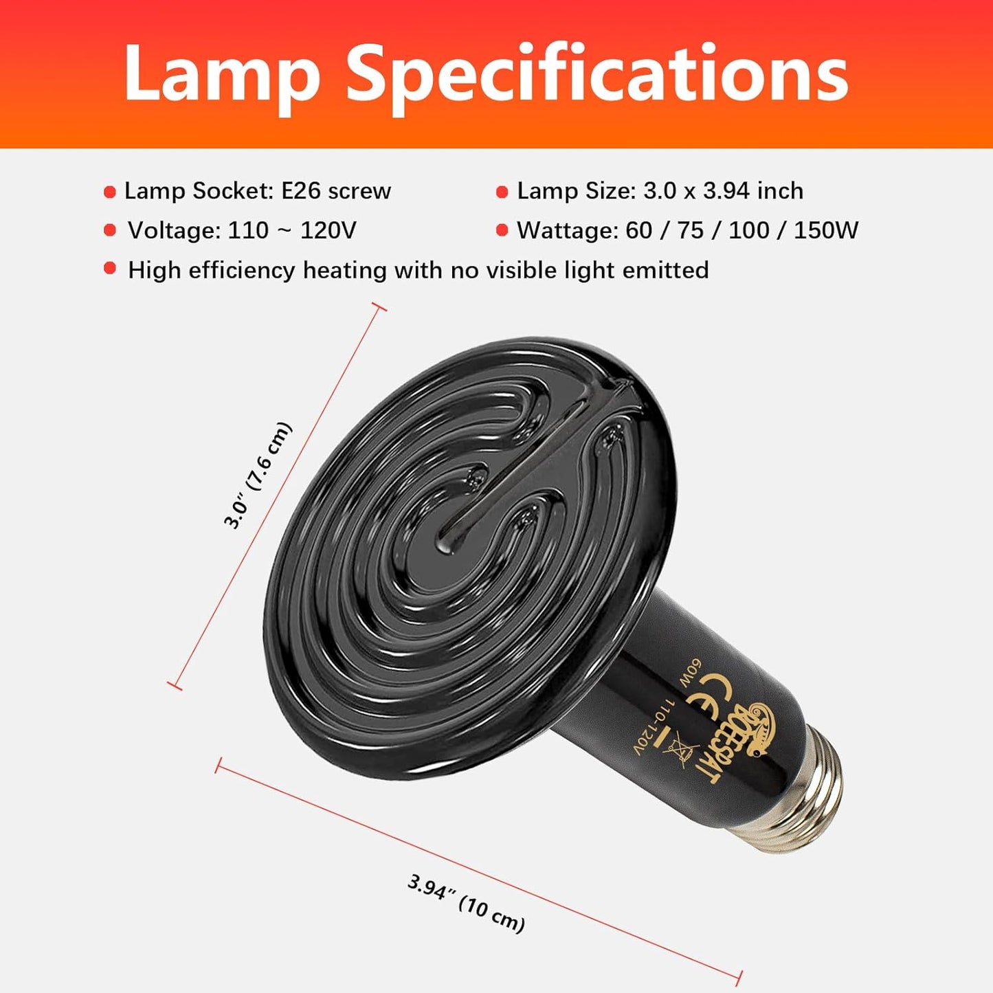 High Efficiency 150W Reptile Heat Lamp Bulbs, Pack of 2 Ceramic Heat Emitters for Reptile Geckos, Lizard, Iguana, Bearded Dragon & Pets Basking (Black, 150 Watts)