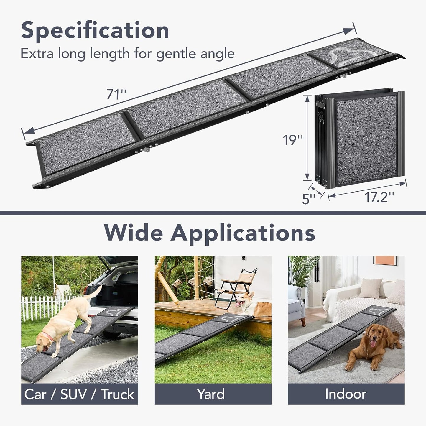 71'' X-Long Dog Ramp for Car -Folding Pet Steps for Medium & Large Dogs, Portable Pet Stair Ramp with Non-Slip Rug Surface, Dog Car Ramp up to 250LBS Enter a Car SUV & Truck Outdoors, Grey