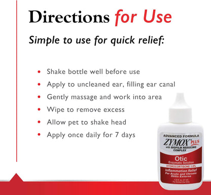 Zymox Advanced Formula Otic plus Enzymatic Ear Solution for Dogs and Cats with 1% Hydrocortisone, 1.25Oz