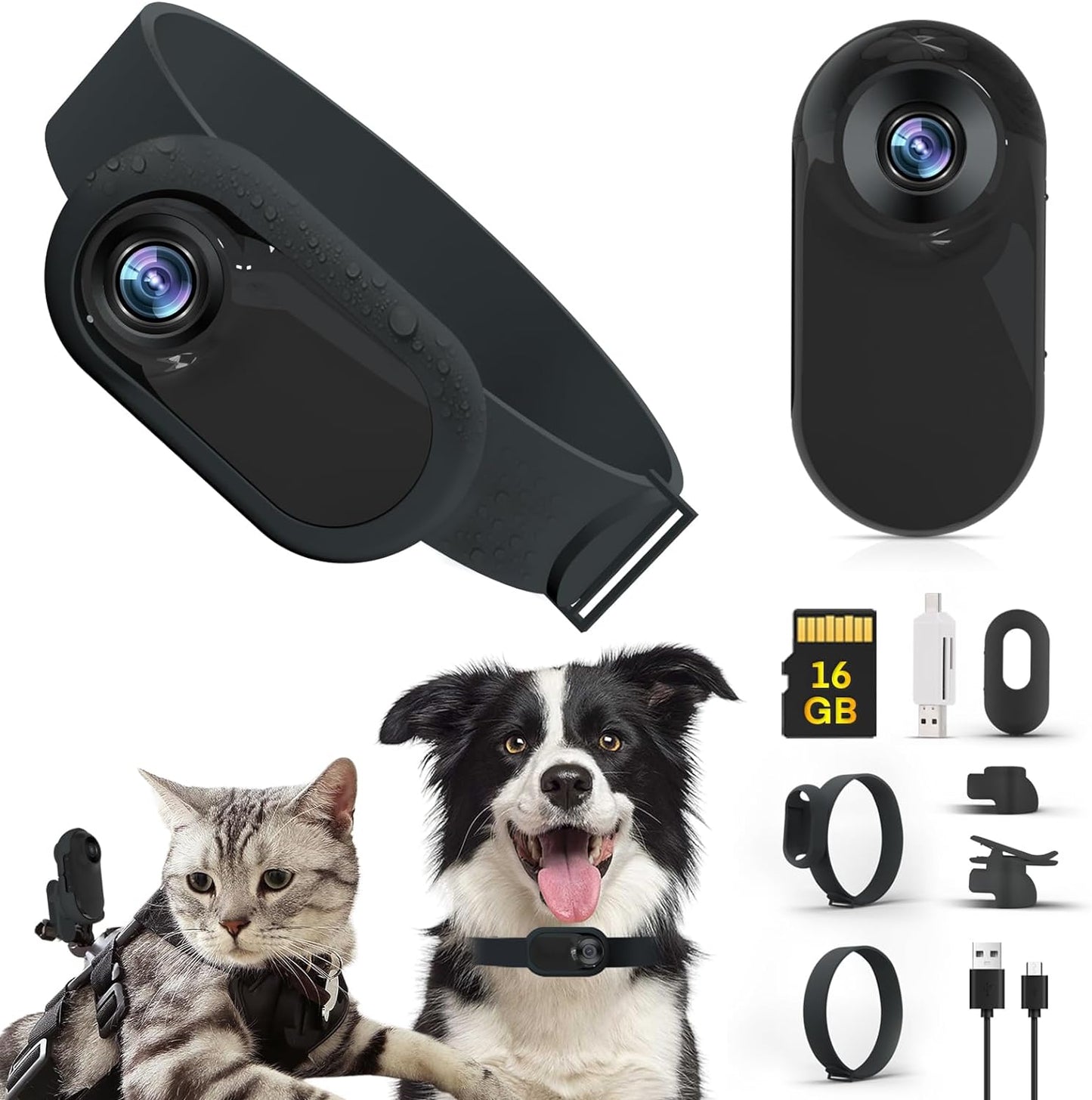 Cat Camera Collar, HD 1080P Wireless Dog Collar Camera with 16GB SD Card, Sport Action Camera Cat Collar Camera for Pet Supplies Video Records Camera for Cats Dogs Gift, Black