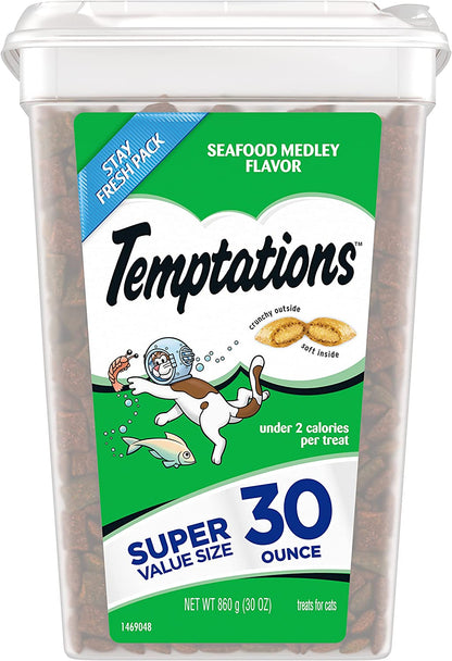 TEMPTATIONS Classic Crunchy and Soft Cat Treats Savory Salmon Flavor, 16 Oz. Tub