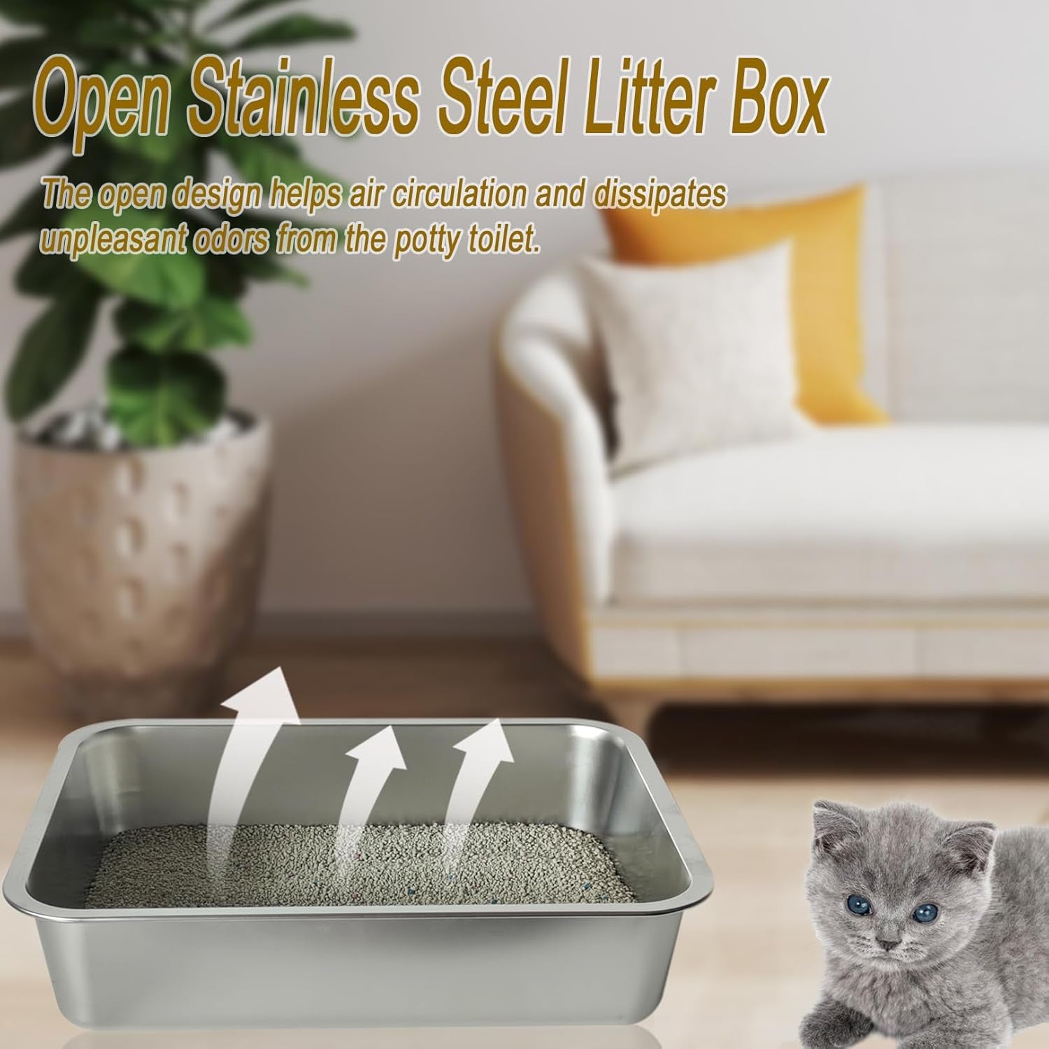 Stainless Steel Litter Box for Kitten, Low Entry Open Metal Litter Pan for Kittens Smooth Surface Durable Litter Pan (17.7" X 13.8" X 3.9") (S-Silver-2PCS)