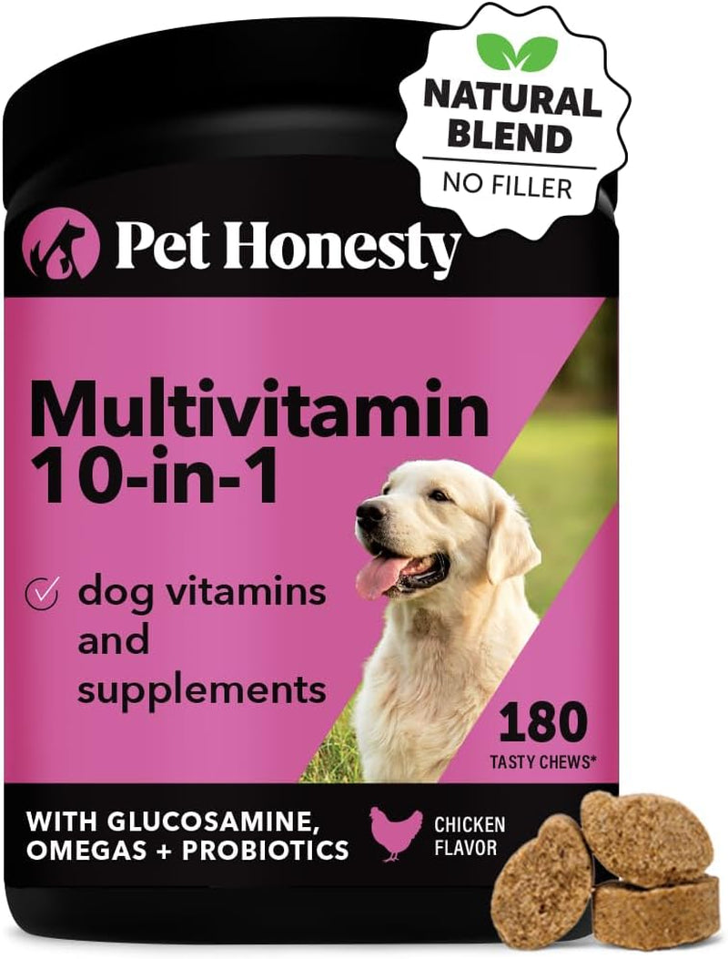 Pet Honesty Dog Multivitamin - 10 in 1 Dog Vitamins for Health & Heart - Fish Oil for Dogs, Glucosamine, Probiotics, Omega Fish Oil - Dog Vitamins and Supplements for Skin and Coat (Chicken 180 Ct)