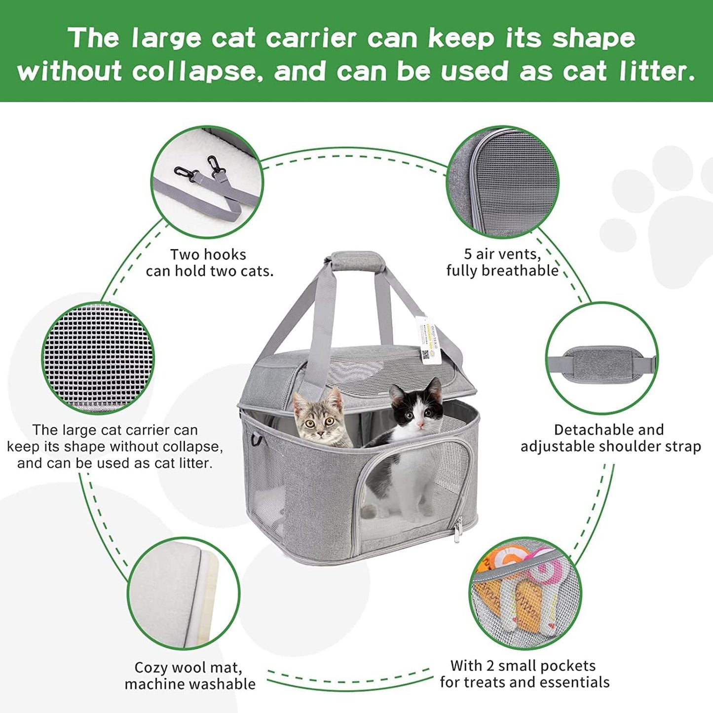 Large Cat Carrier for 2 Cats, Soft Side Pet Carrier for Cats Small Dog, Collapsible Travel Dog Carrier Bag, OEKO-TEX Certified TSA Airline Approved Cat Carrier Backpack for Cats 20 Lbs (Gray)