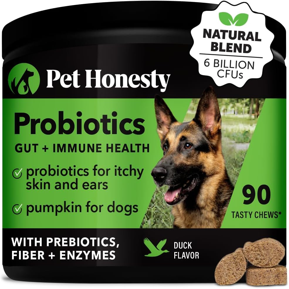 Pet Honesty Probiotics for Dogs, Dog Probiotics for Diarrhea & Bowel Support, Digestive Enzymes Promotes Gut Health, Immunity Health & Itch Relief, Prebiotics and Probiotics (Duck 90 Ct)