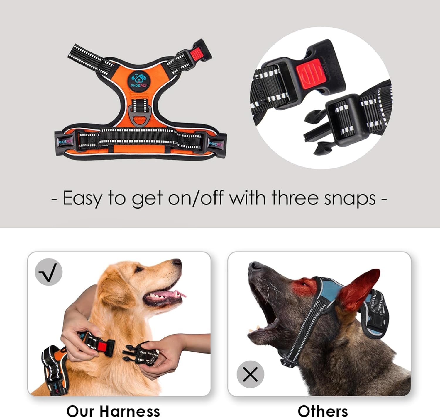 PHOEPET No Pull Dog Harness Reflective Adjustable Vest with a Training Handle, Name ID Pocket, 2 Metal Leash Hooks, 3 Snap Buckles [Easy to Put on & Take Off](M, Baby Blue)