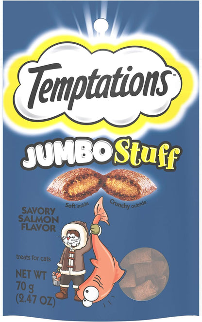 TEMPTATIONS Jumbo Stuff Crunchy and Soft Cat Treats Savory Salmon Flavor, 2.5 Oz. Pouch (Pack of 12)