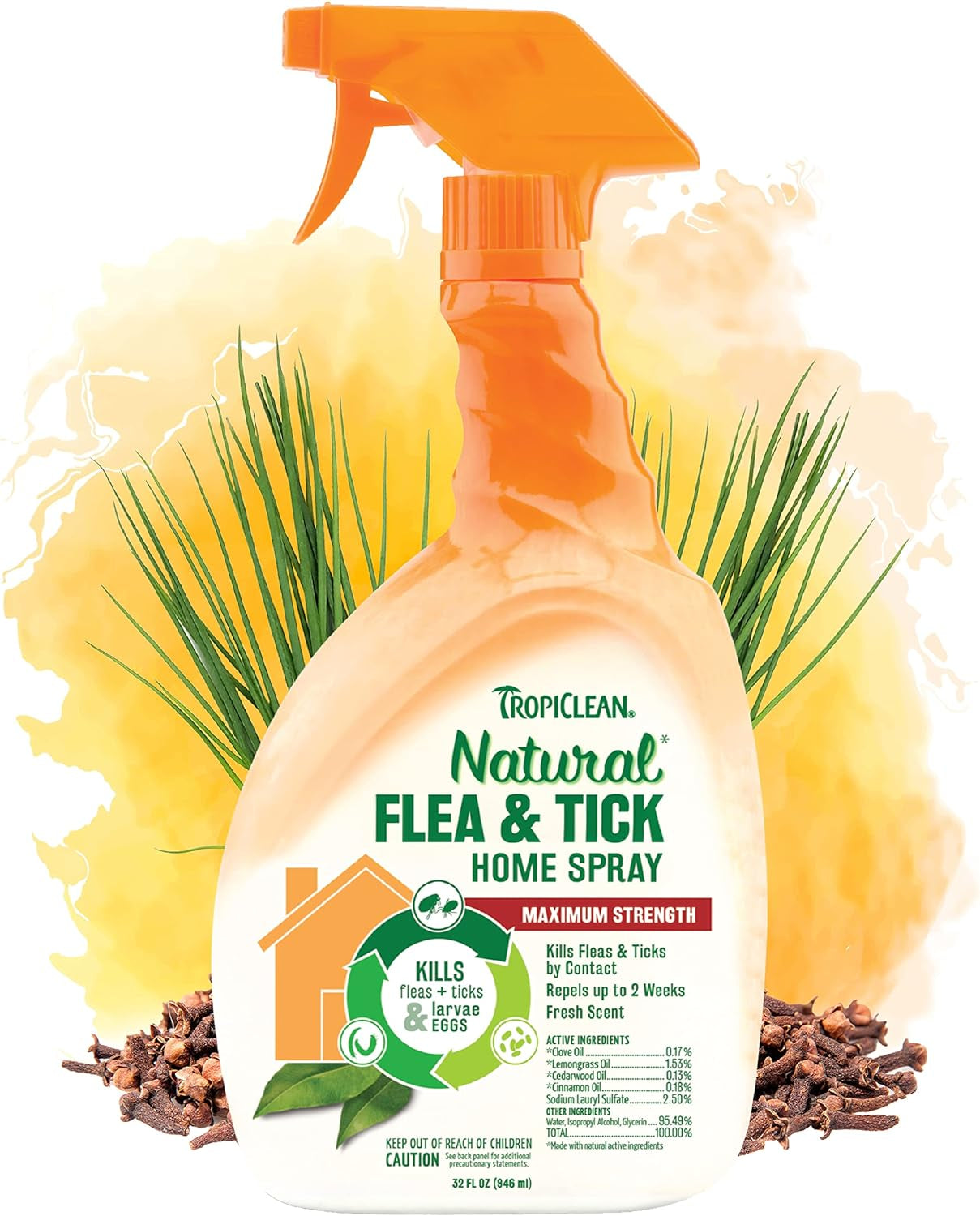 Tropiclean Natural Flea and Tick Spray for Home | Maximum Strength Flea Spray for Carpet and Furniture | Family-Friendly & Safe | Made in the USA | 32Oz