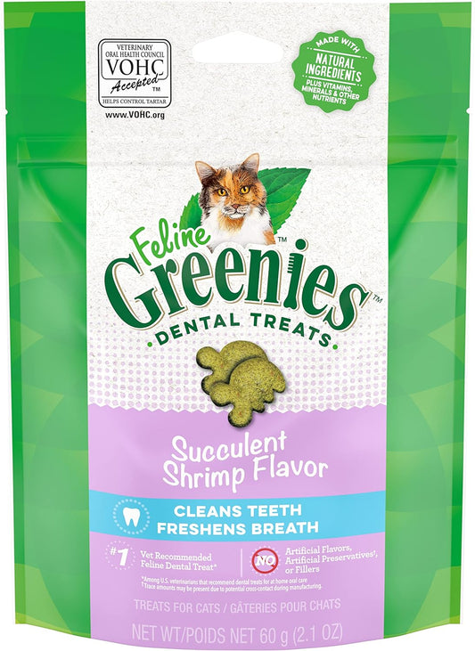 Greenies Feline Adult Natural Dental Care Cat Treats, Succulent Shrimp Flavor, (10) 2.1 Oz. Pouches