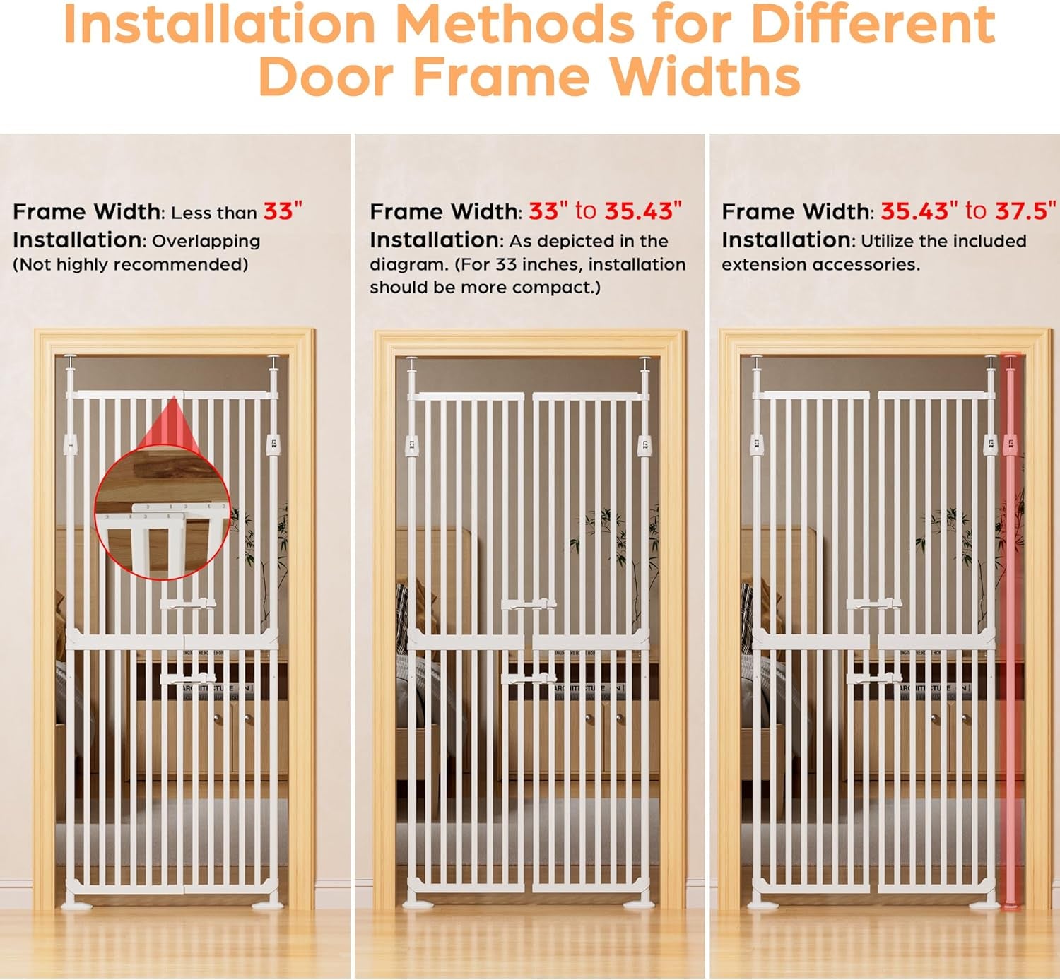 71" High Extra Tall Cat Gate, 33.85-35.43" Wide Cat Safety Gate, 1.34" Extra Narrow Gap, Auto Close, No Drilling, Double Pet Door for Doorways, Kitchen