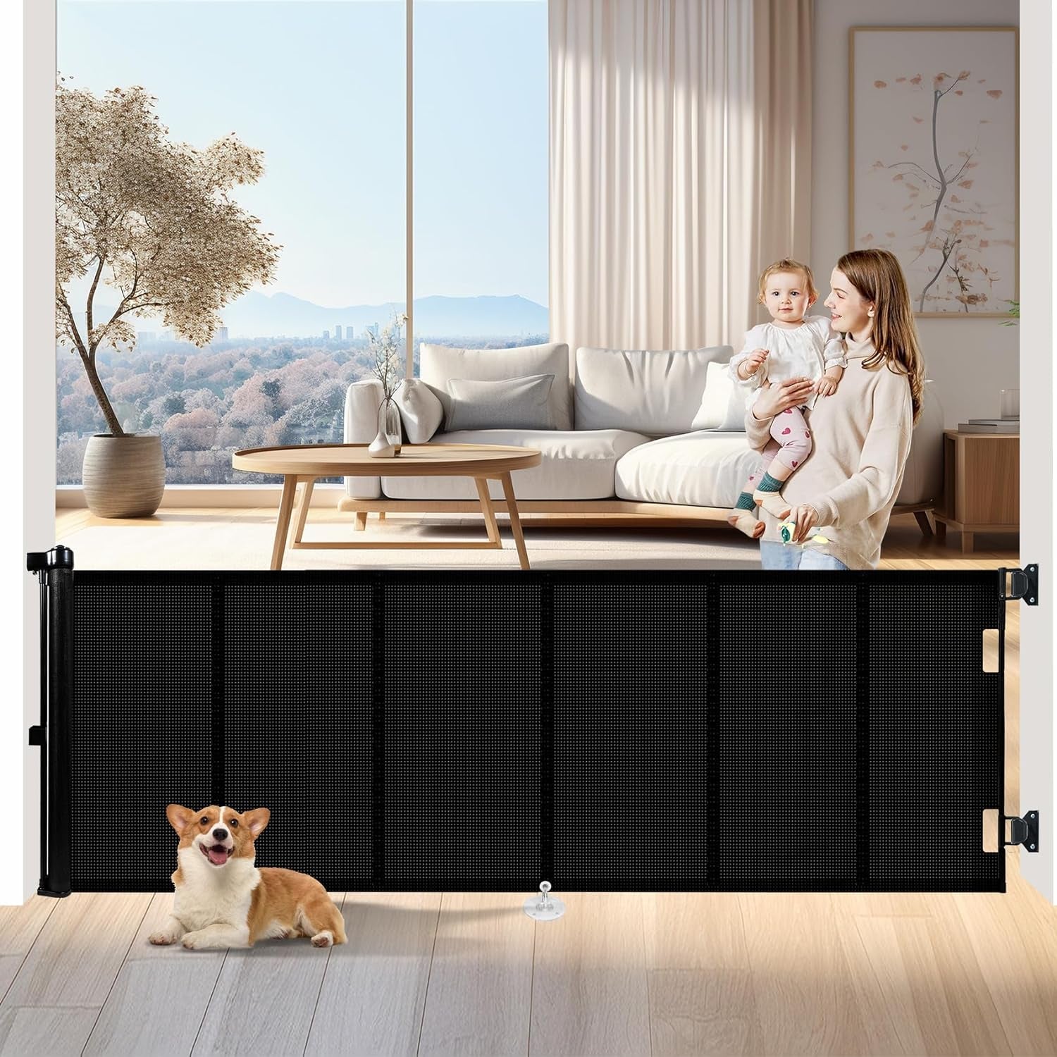 Upgrade 120 Inch Retractable Baby Gates Extra Wide with Reinforced Strip Design to Prevent Crawling Through, 10 Foot Retractable Dog Gate, 34" Tall, Retractable Gate for Indoor/Outdoor(Black)