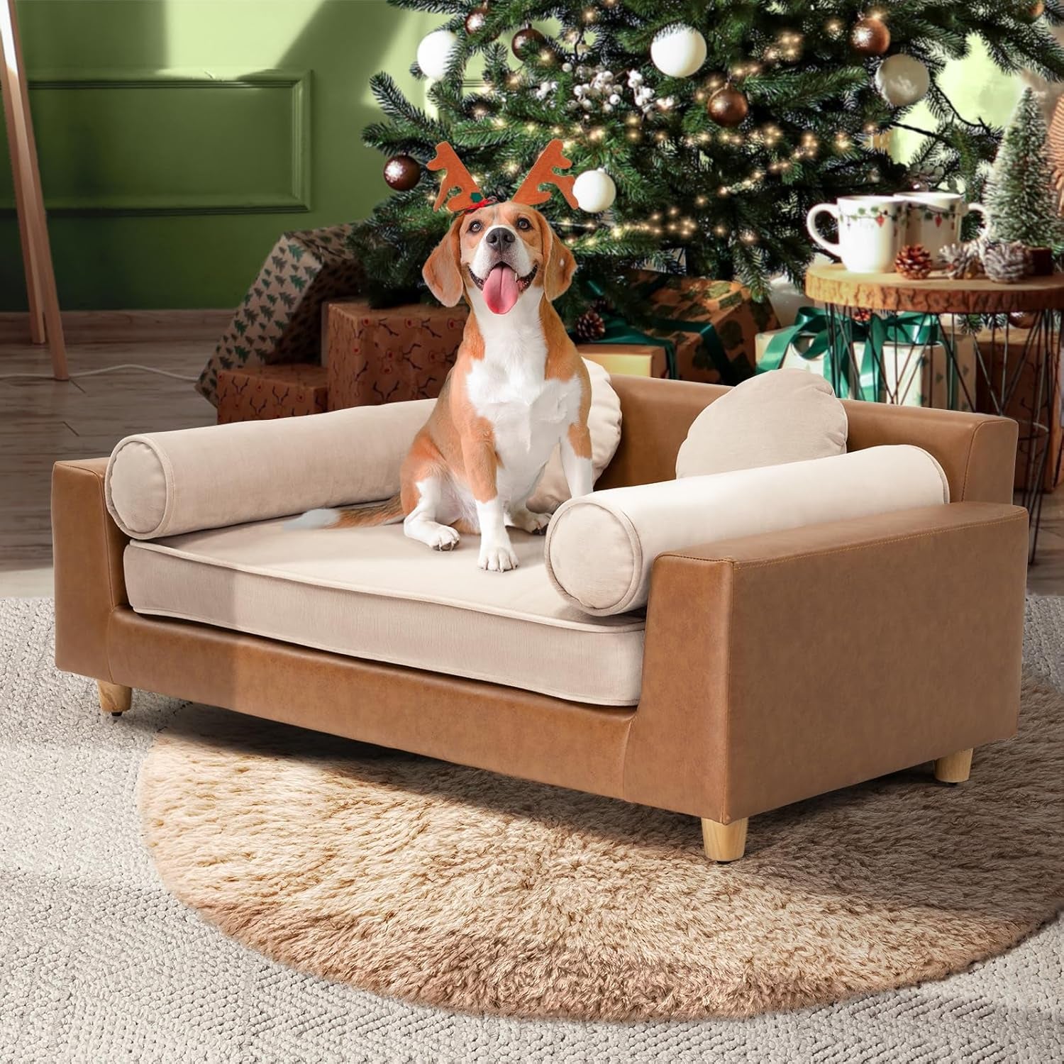 dCee Luxury Large Dog Sofa, Cat Sofas, Holds 160 Lbs, 42 in. Premium Leather Dog Bed Couch with Removable Washable Velvet Cushion for Comfort Sleep, Suitable for Different Pet Sizes