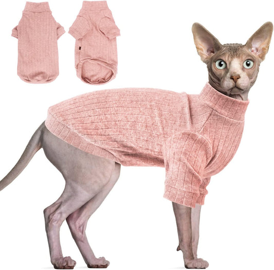 Idepet Sphynx Hairless Cats Sweater Shirt Kitten Soft Puppy Clothes Pullover Cute Cat Pajamas Jumpsuit Cotton Apparel Pet Winter Turtleneck for Cats and Teacup Chihuahua Small Dogs(Pink,M)