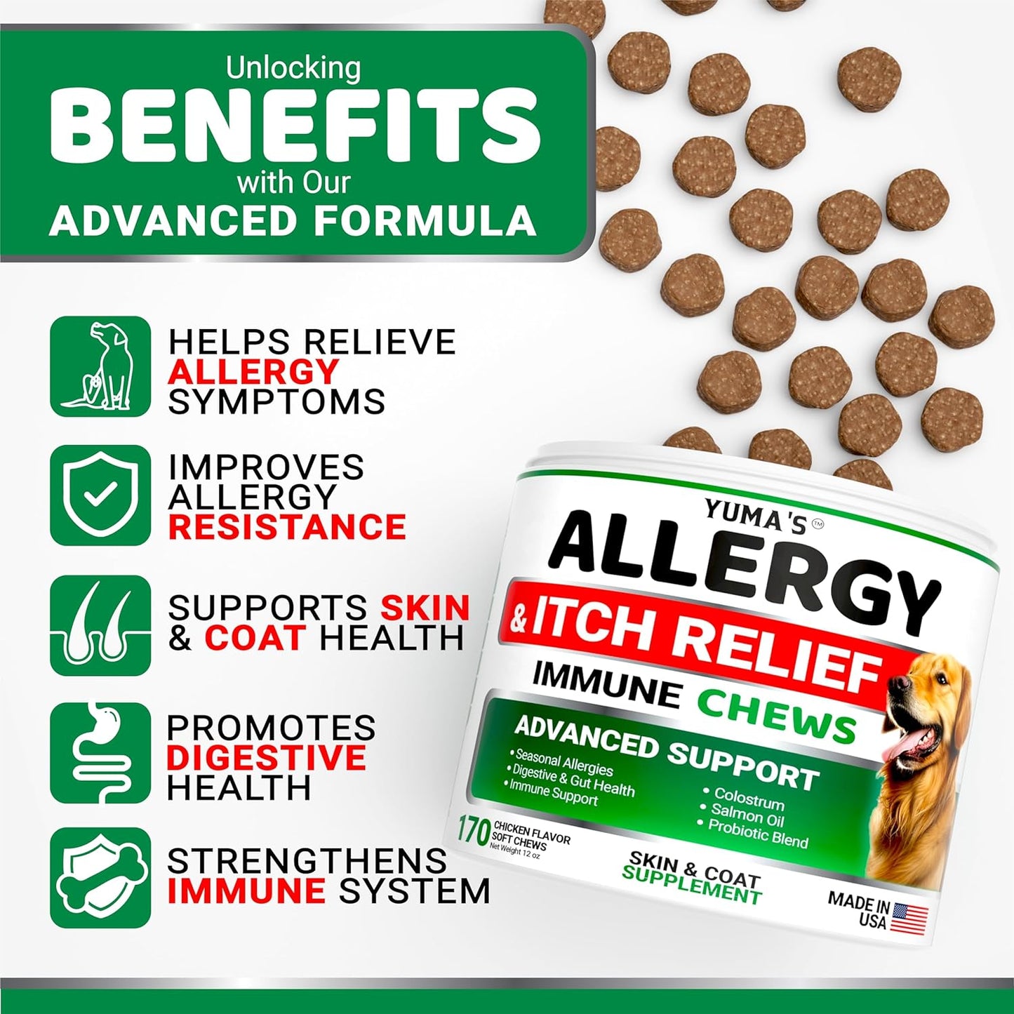 YUMA'S Dog Allergy Relief Chews - Dog Itching Skin Relief Treatment Pills - 170 Treats - Anti-Itch for Dogs - Itchy and Paw Licking - Dry Skin & Hot Spots - Omega 3 Fish Oil - Skin & Coat Supplement