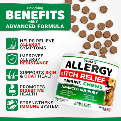 YUMA'S Dog Allergy Relief Chews - Dog Itching Skin Relief Treatment Pills - 170 Treats - Anti-Itch for Dogs - Itchy and Paw Licking - Dry Skin & Hot Spots - Omega 3 Fish Oil - Skin & Coat Supplement