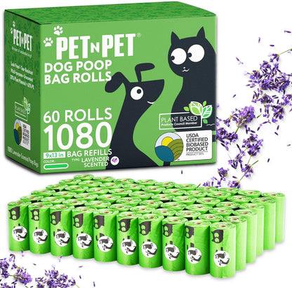 Pet N Pet 1080 Counts Green, Lavender Scented Poop Bags for Dogs, 38% Plant Based & 62% PE Dog Poop Bags Rolls, 9" X 13" Thick Dog Bags for Poop, Doggie Poop Bags, Cat Litter Bags, Kitty Litter Bags