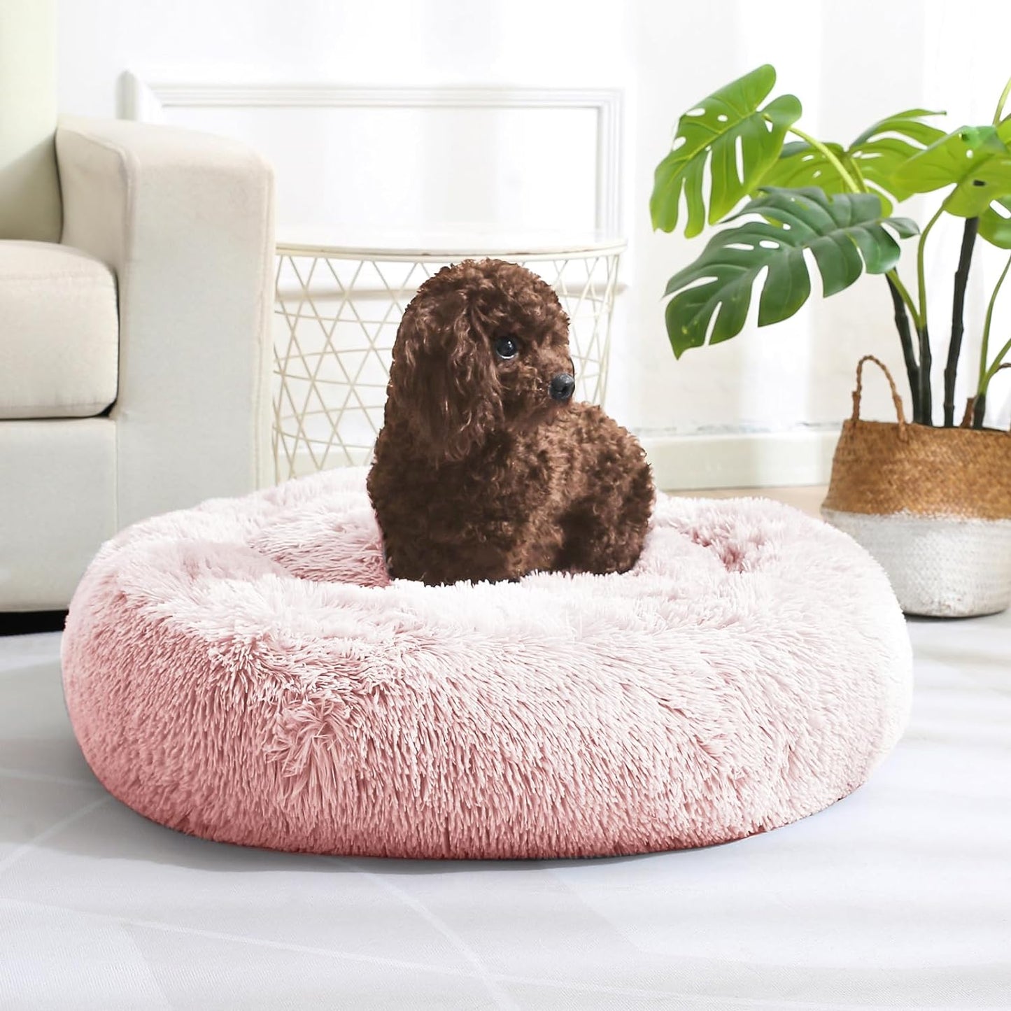 JOLLYVOGUE Calming Donut Dog Bed & Cat Bed, Anti-Anxiety Washable Dog round Bed, Fluffy Faux Fur Plush Dog Cuddler Bed, Warming Cozy Soft Dog Cat Cushion Bed for Small Medium Dogs and Cats (24", Pink)