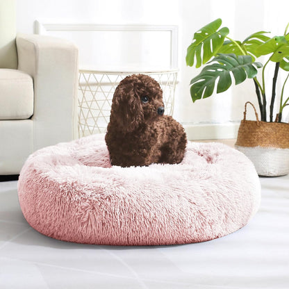 JOLLYVOGUE Calming Donut Dog Bed & Cat Bed, Anti-Anxiety Washable Dog round Bed, Fluffy Faux Fur Plush Dog Cuddler Bed, Warming Cozy Soft Dog Cat Cushion Bed for Small Dogs and Cats (20", Pink)