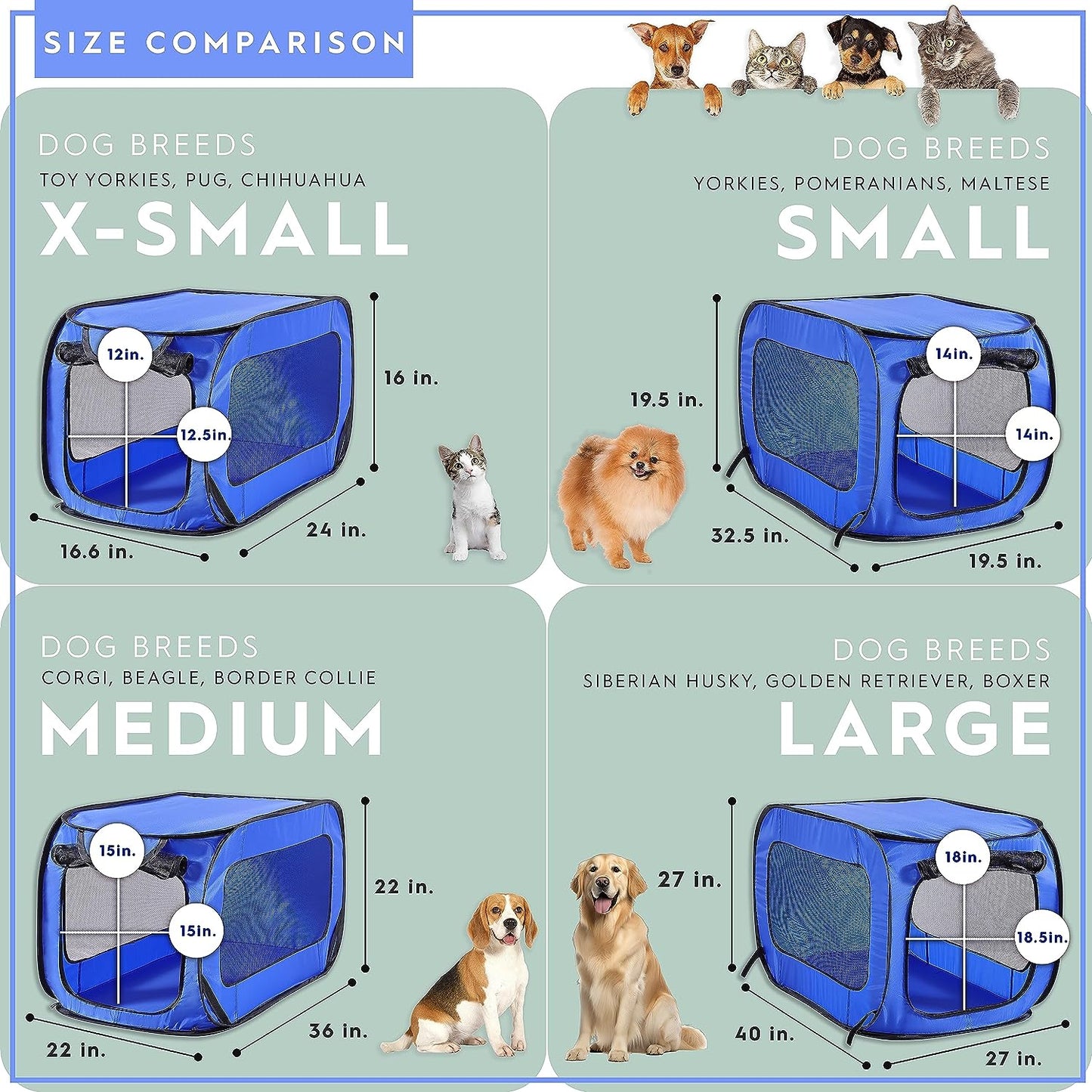 Beatrice Home Fashions Portable, Collapsible, Pop up Kennel Travel Cat and Dog Crate, 40" L X 27" W X 27" H, Blue